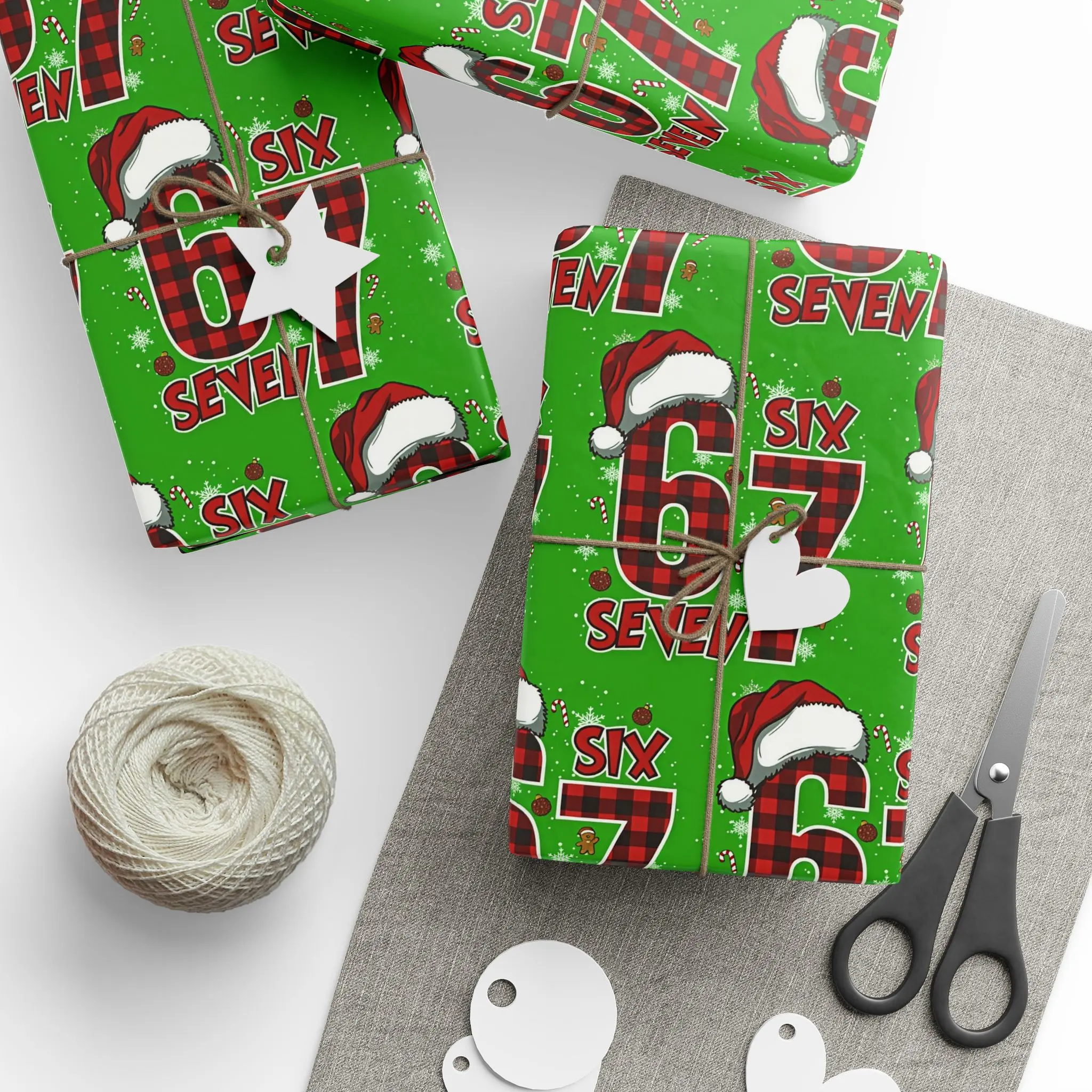 67 Christmas Wrapping Paper, 6 7 Wrapping Paper, minimalist meme design, funny Christmas gift wrap for holiday presents.