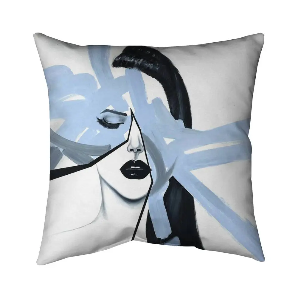 360 Stand 16x16 in. Decorative Abstract Blue Woman Portrait Throw Pillow - Modern Home Decor Soft Polyester Fill Poly Twill Cushion, Plush for Bedding & Linens, Soft Cushion