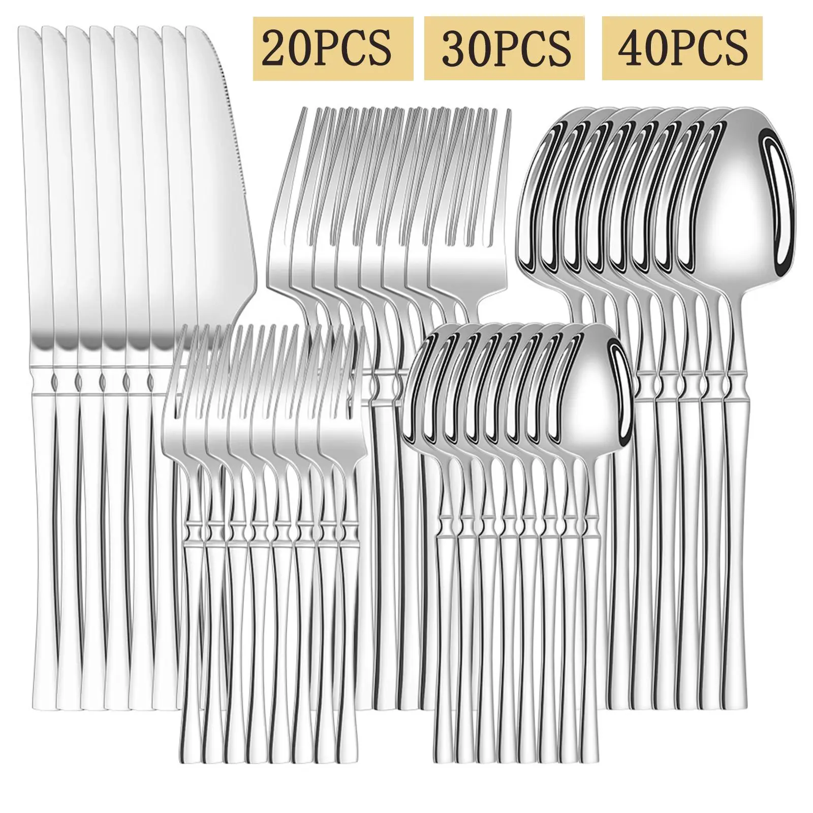 20/30pcs Stainless Steel Cutlery Utensils Set, Dinnerware Service Set, Modern Tableware Dinner Sets with Slim Waist and Handle for 4/6 People, Including Knife, Dinner Fork, Dinner Spoon, Teaspoon and Tea Fork, Suitable for Home, Kitchen and Restaurant
