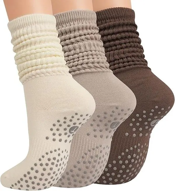 Plumax Grip Women's Knee-High Height Breathable Cotton Socks (3 Pairs) - Non-Slip Grip, 5-Toe Fit, Secure Straps, Cozy for Yoga - House, Hospital Use - Festive Gifts for Adults, Pilates Socks