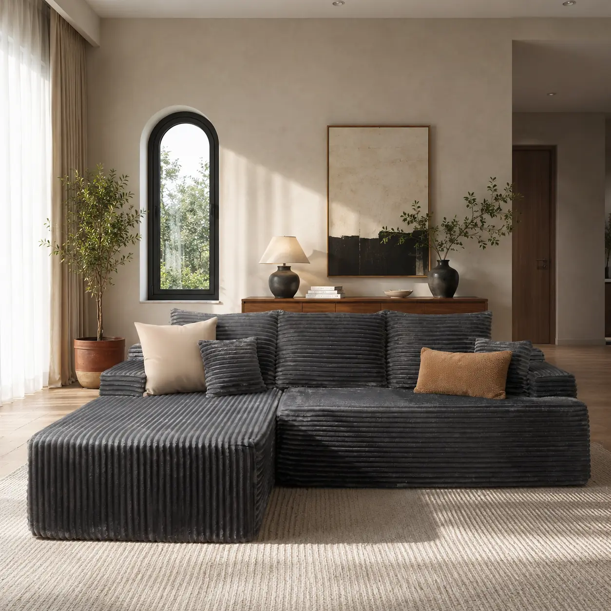 CAODOC 96" Modular Modern Corduroy Cozy Sofa - Customizable L-Shaped Sectional Couch with Chaise, Boneless Deep Seat Indoor Comfy Couch, No Assembly Required for Living Room, Customizable Sectional Couch