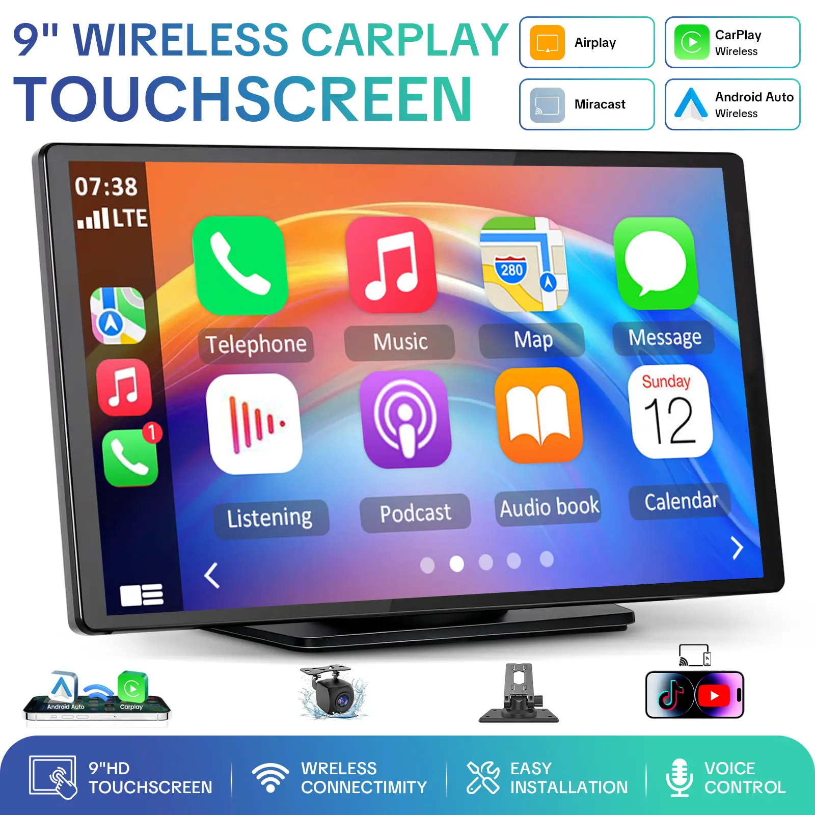 【PASLDA】9 Inch Portable Wireless Apple CarPlay Screen, Wireless Android Auto Car Display with OTA Firmware Update, 1080P Backup Camera, Bluetooth 5.0, FM/AUX, Voice Control, GPS Navigation for 12-24V Vehicles