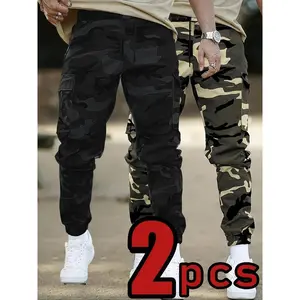 New2-PackCasualPolyesterCamoCargoPants-DrawstringWaist,MultiplePockets,CuffedAnkle,Non-StretchWovenFabric,RegularFit