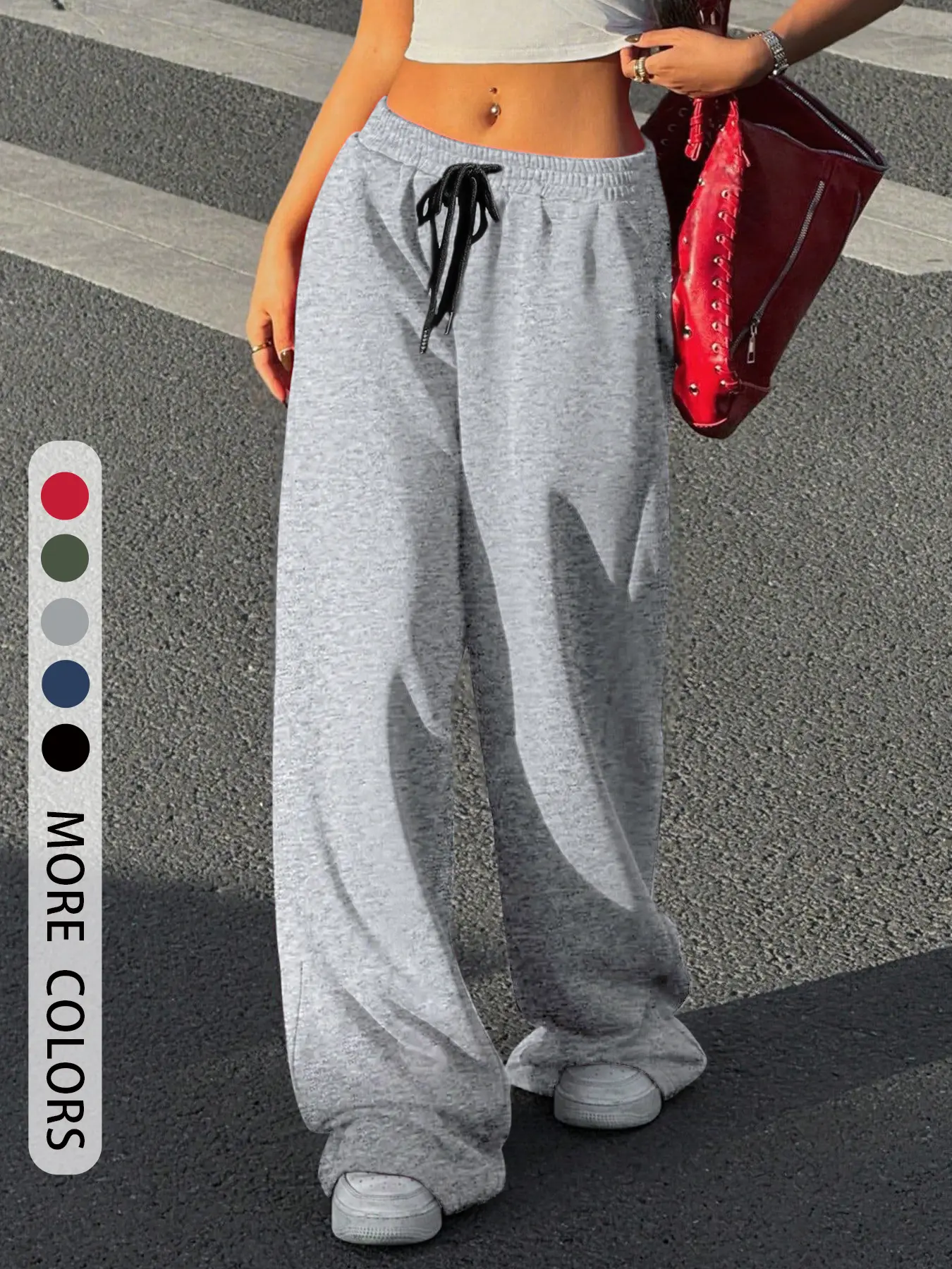 Ladies' solid color knit drawstring adjustable wide leg pants with elastic waist design, casual all season fit pants, comfortable, soft and fashionable, suitable for everyday wear, Womenswear.