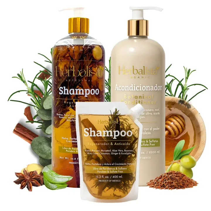 Herbalista 3-Pack Herbal Hair Shampoo 1 LT & Conditioner (33.9 Fl Oz) Each + Travel Size Shampoo Pouch 450ml
