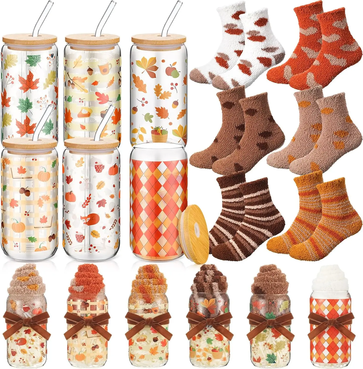 Fall 2026 Halloween Gift 6 Sets Fall Gifts Bulk Thanksgiving Appreciation Gift 16oz Autumn Glass Cup with Lid and Straw Plush Socks Raffia Halloween Basket for Women Coworker Friends Employee