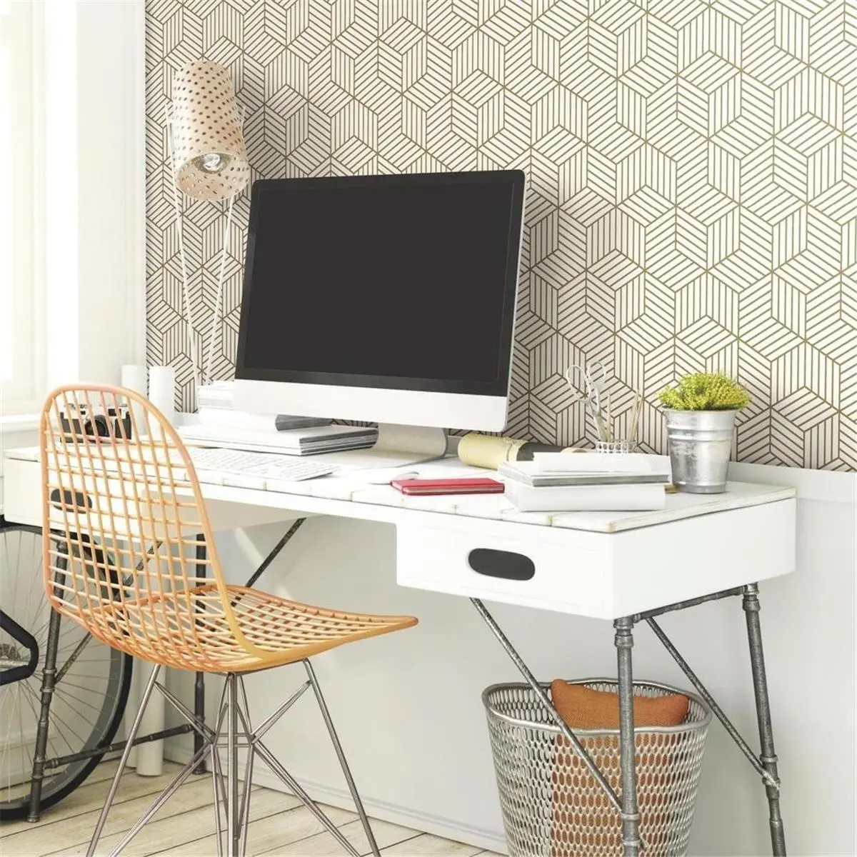 212 MAIN Self-Adhesive Peel-Stick Vinyl Hexagonal Geometric Wallpaper, White-Gold Striped Removable Covering, 2 lbs, for DIY Decor, Living Room Accent Wall, Temporary Projects, Casual Ambiance