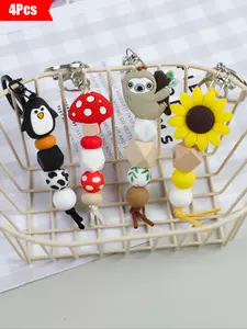 4-Piece Cute Quirky Bead Shapes Beaded Wrist Keychains Set, Mushroom Sunflower Sloth Penguin Whimsical Characters Design, Fashionable Gift for Friends Mom Birthday Holiday, Trendy Cute Keychain