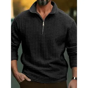 Men's Autumn Winter Waffle Texture Fleece Pullover Hoodie, Warm Quarter Zipper Casual Sweatshirt, Plain Color Long Sleeve Top
