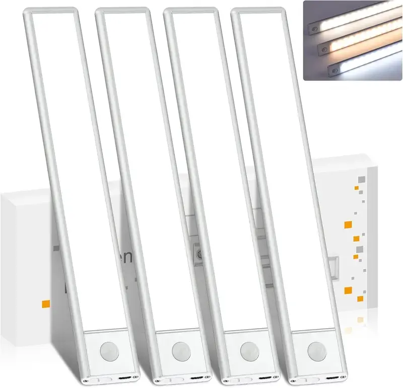 Rechargeable Motion Sensor LED Night Light, 4-Pack 3-Color Dimmable Under Cabinet Lights,  Stick-On Lights for Kitchen, Closet, Wardrobe