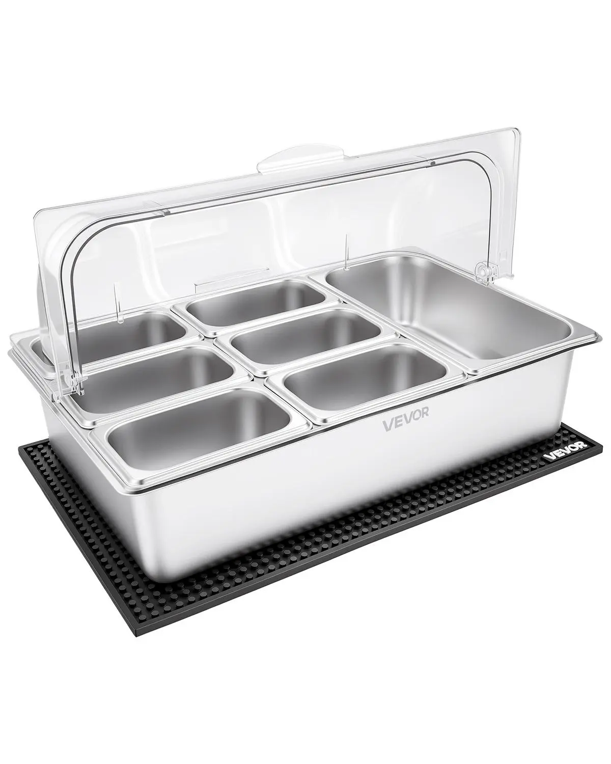 VEVOR Countertop Food Serving Display Container, Stainless Steel Food Salad Server Tray, Buffet Condiment Dispenser, Ice Cooled Rack with Clear Roll Top Cover, for Restaurant Hotel (1x1/3+6x1/9 Pan)