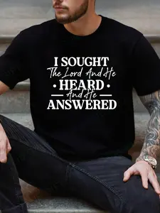 Men's Bible Verse T-Shirt 100% Cotton 180g Green Short Sleeve with "I Sought the Lord and He Heard" Hebrews 13:5 Print - Casual Round Neck Gift Suitable for Dad Gifts, Church Apparel & Casual Attire, Year-Round In Stock