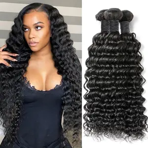 Deep Wave Bundles Human Hair Brazilian Virgin Hair Weave 3 Bundles Deep Curly 12A Grade Unprocessed Human Hair Extensions Natural Black 100g/pc 10 12 14 Inch