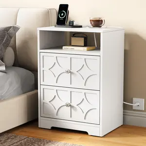 RoyalCraft L Large Nightstand with 2 Drawers, Modern Side Table with Charging Station, Accent End Table with Diamond Carvings, Storage Cabinet for Living Room, Bedroom, Entryway