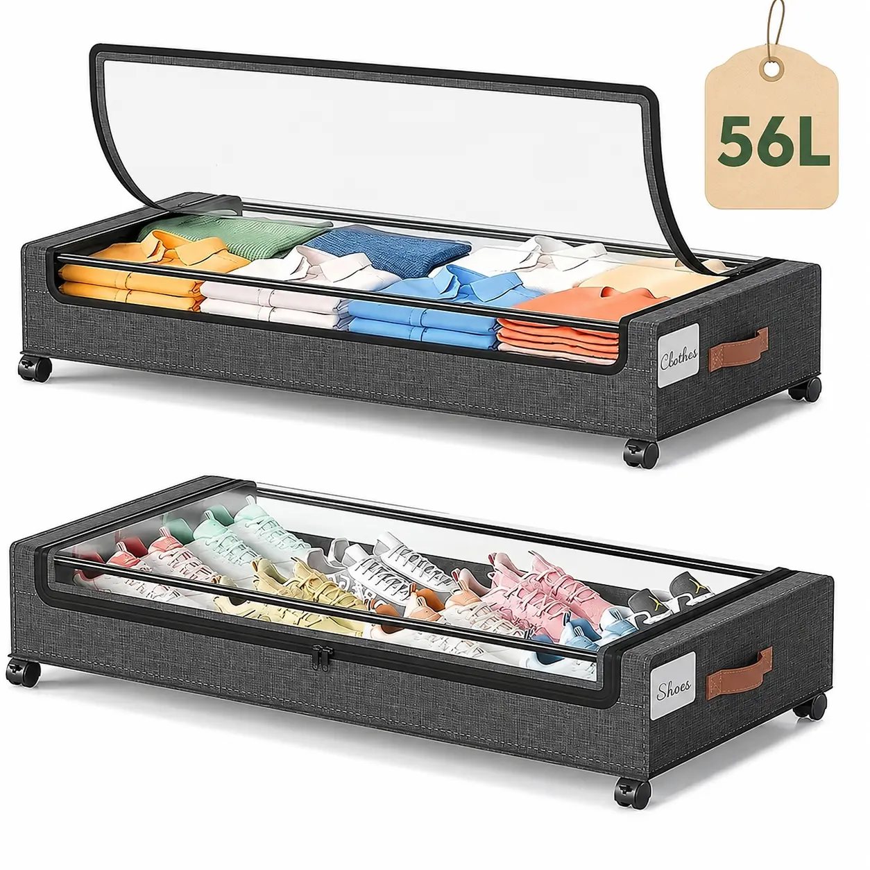56L Under Bed Storage Container with Wheels, Clear Lid Organizer for Clothes, Shoes, Blankets and Bedroom Storage