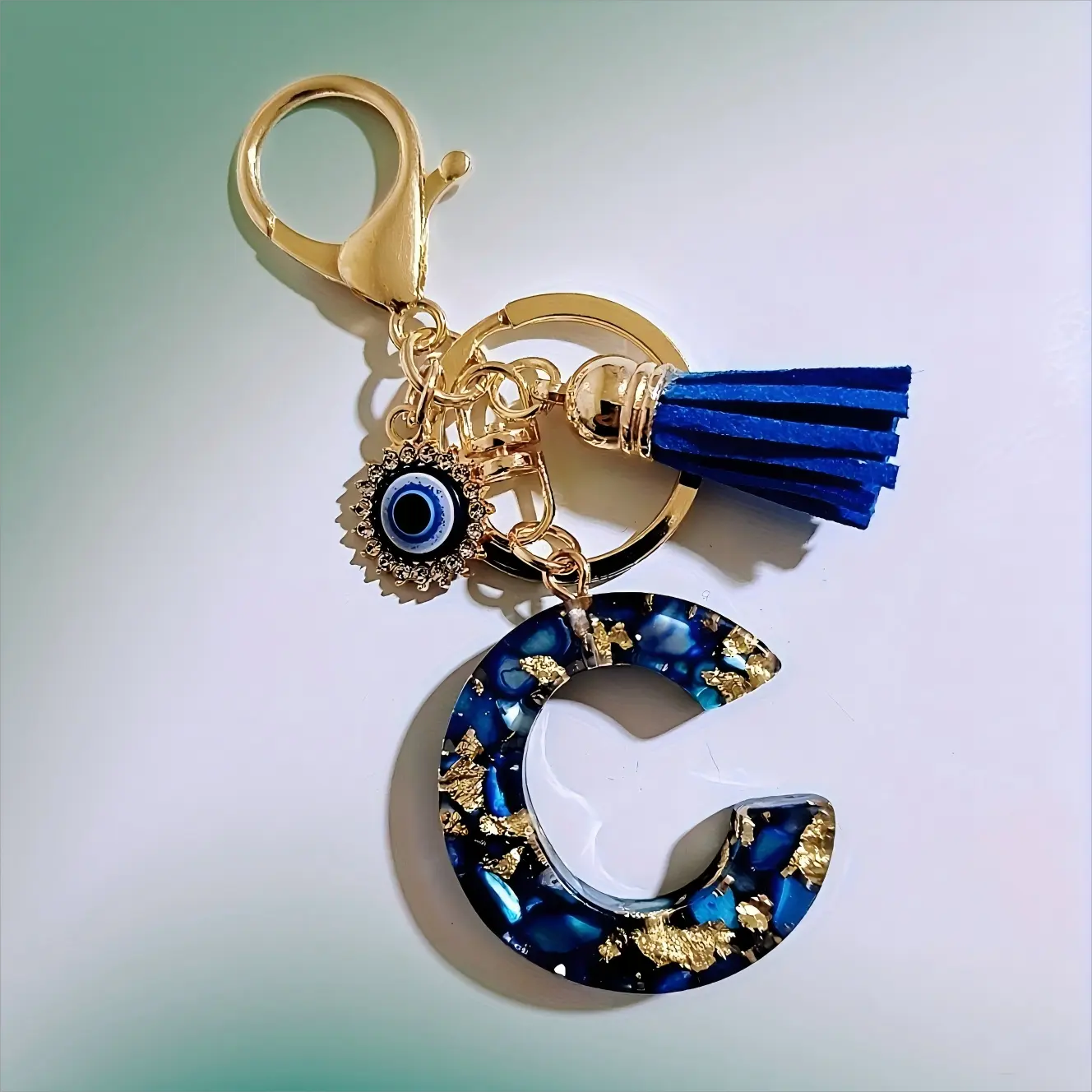 Elegant Blue Resin Letter Keychain With Devil's Eye & Blue Tassels Key Chain Bag Pendant Wallet Decoration For Ladies' Daily Use And Small Gift