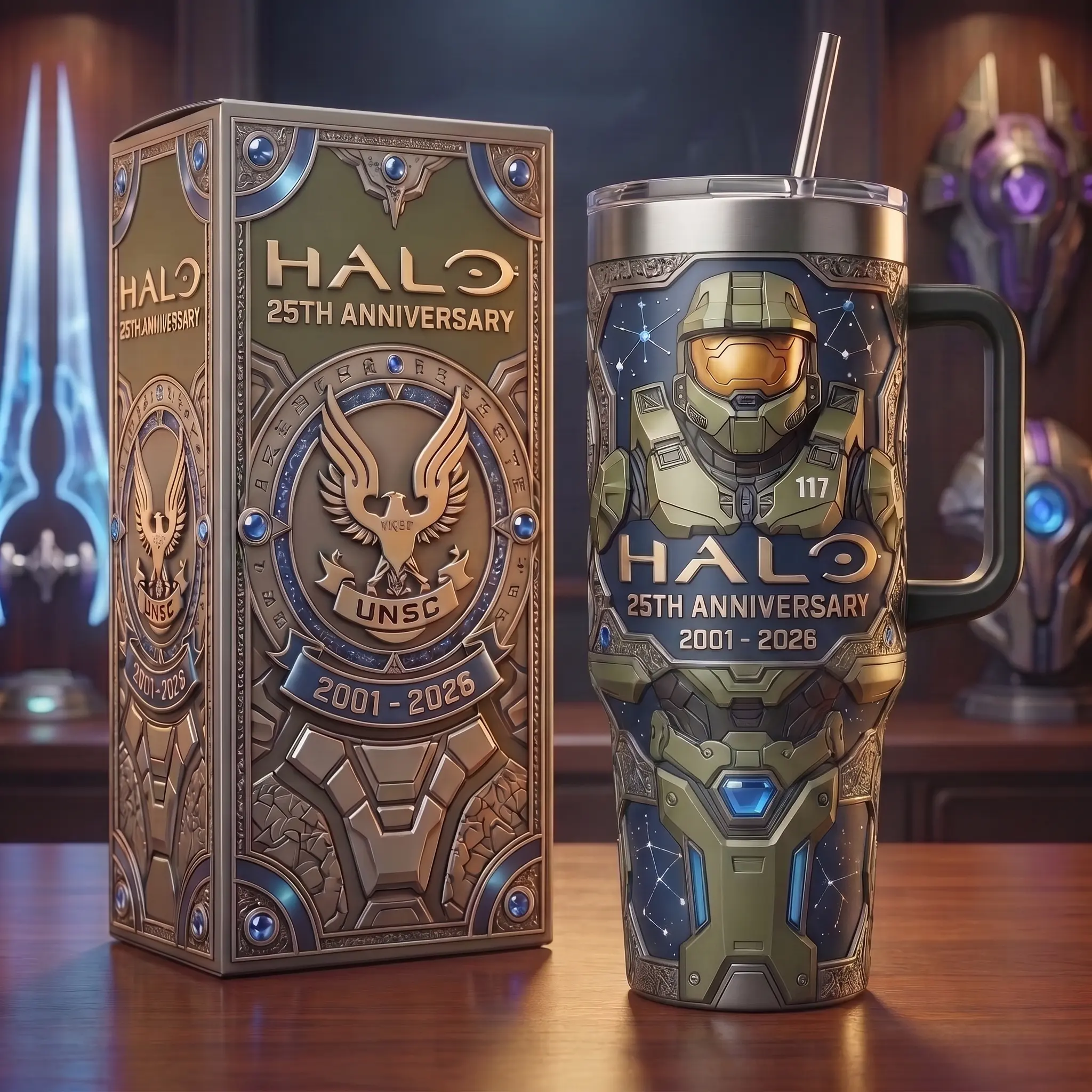 Limited Edition Halo 25th Anniversary Travel Mug, Vintage 2001-2026 Master Chief John-117 Stainless Steel Tumbler with Handle and Straw, Insulated UNSC Sci-Fi Car Cup, Retro Gaming Merch Collectors Birthday Holiday Gift for Him Men