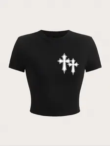 Women's Cross Print Round Neck Crop Tee, Vintage Trendy Short Sleeve Cropped T-shirt for Daily Wear, Ladies Summer Outfit