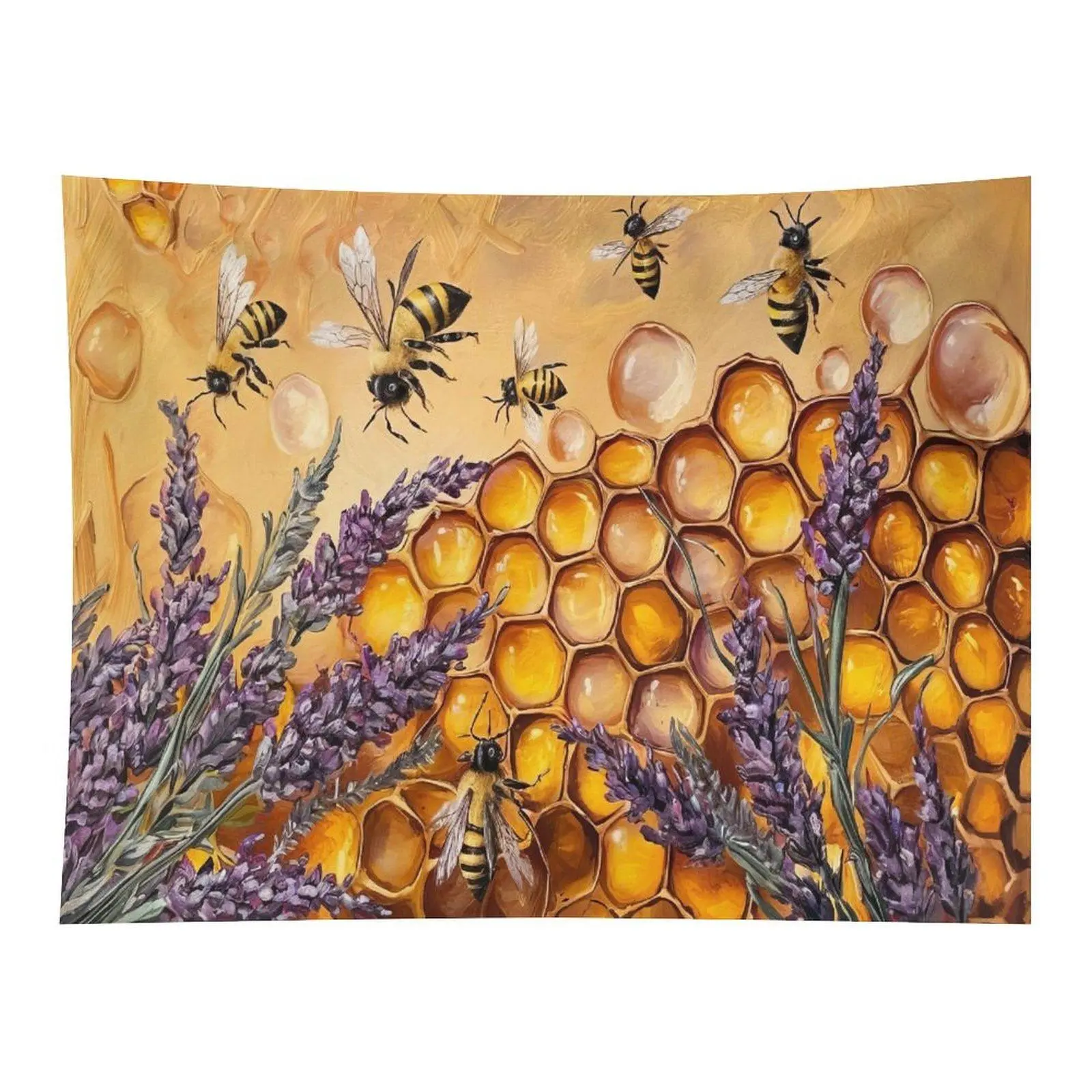 Honey Bee Lavender Honeycomb Warm Golden Oil Painting Wall Tapestry Wall Hanging, Cottagecore Floral Insect Cozy Nature Decor for Farmhouse Bedroom Backdrop