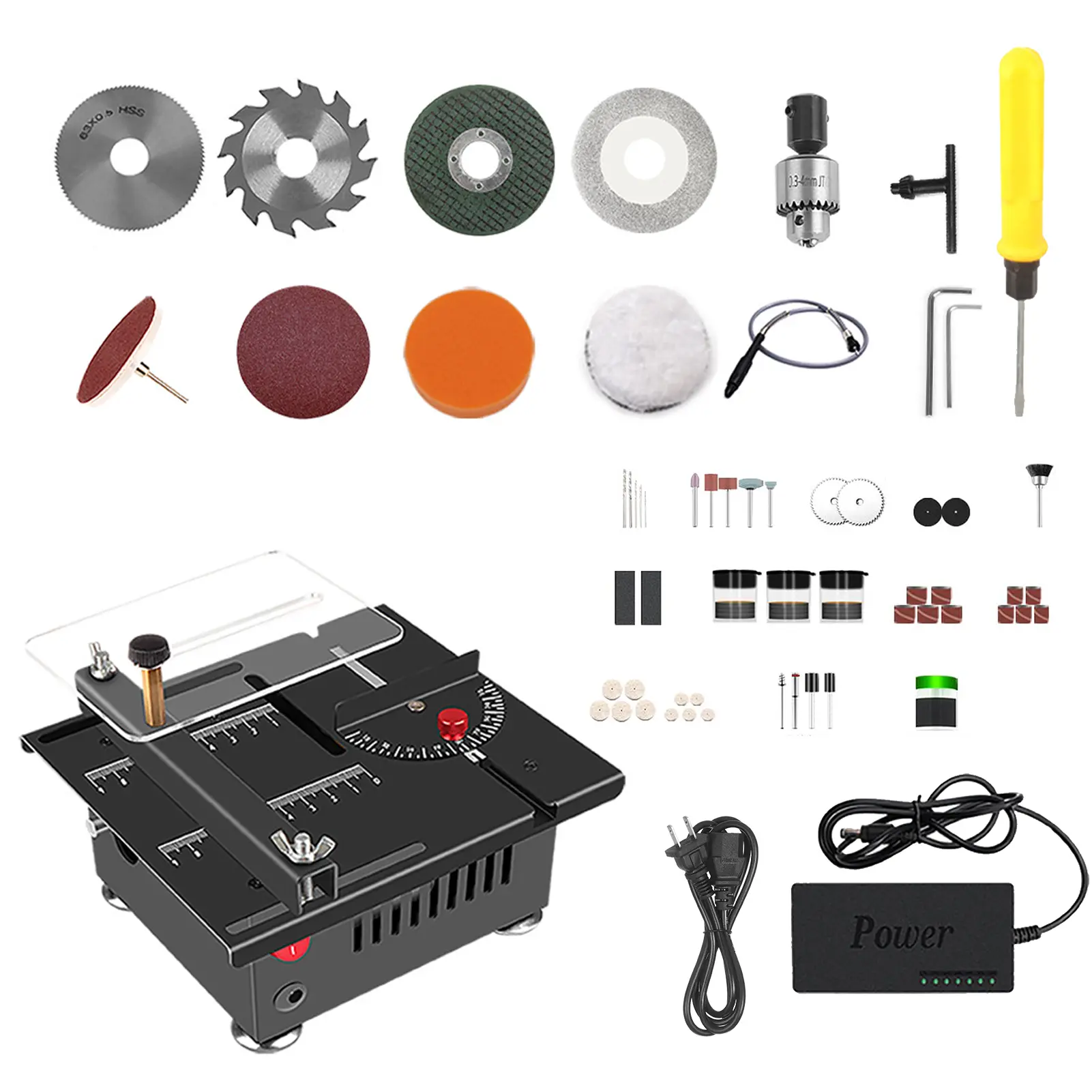 100W Power Portable Table Saw Cutting Machine, 24V with Power Adapter, Mini Desktop Electric Saw for Plastic Wood, 16MM Cutting Depth, Speed & Angle Adjustment, Blade Flexible Shaft & Accessories, Mini Size Fits Tight Workspaces