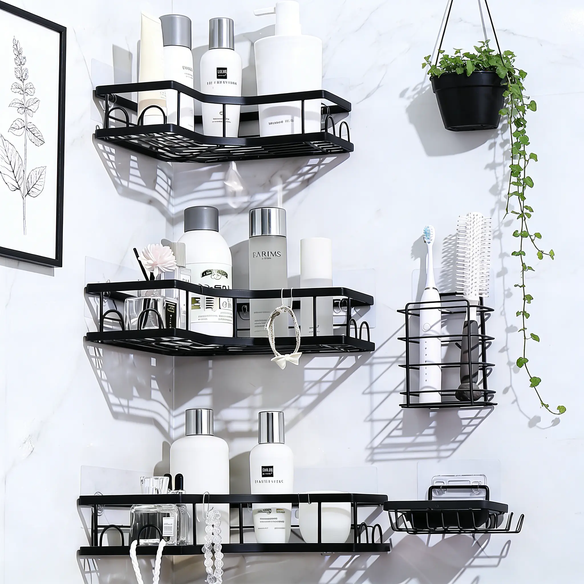 5-Pack Heavy-Duty Triangular Corner Shelf Set, No-Drill Traceless Adhesive Rustproof Steel Organizer with Hooks, 40LBS Wall-Mounted Soap Toothbrush Holder, Drainage Shelf for Steamy Baths, Space-Saving Bathroom Accessory Ideal Gift