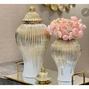 Ceramic Gold-plated Striped Storage Jar with Lid  Golden Universal Jar Ceramic Vase Tabletop Decoration Container Storage Jar