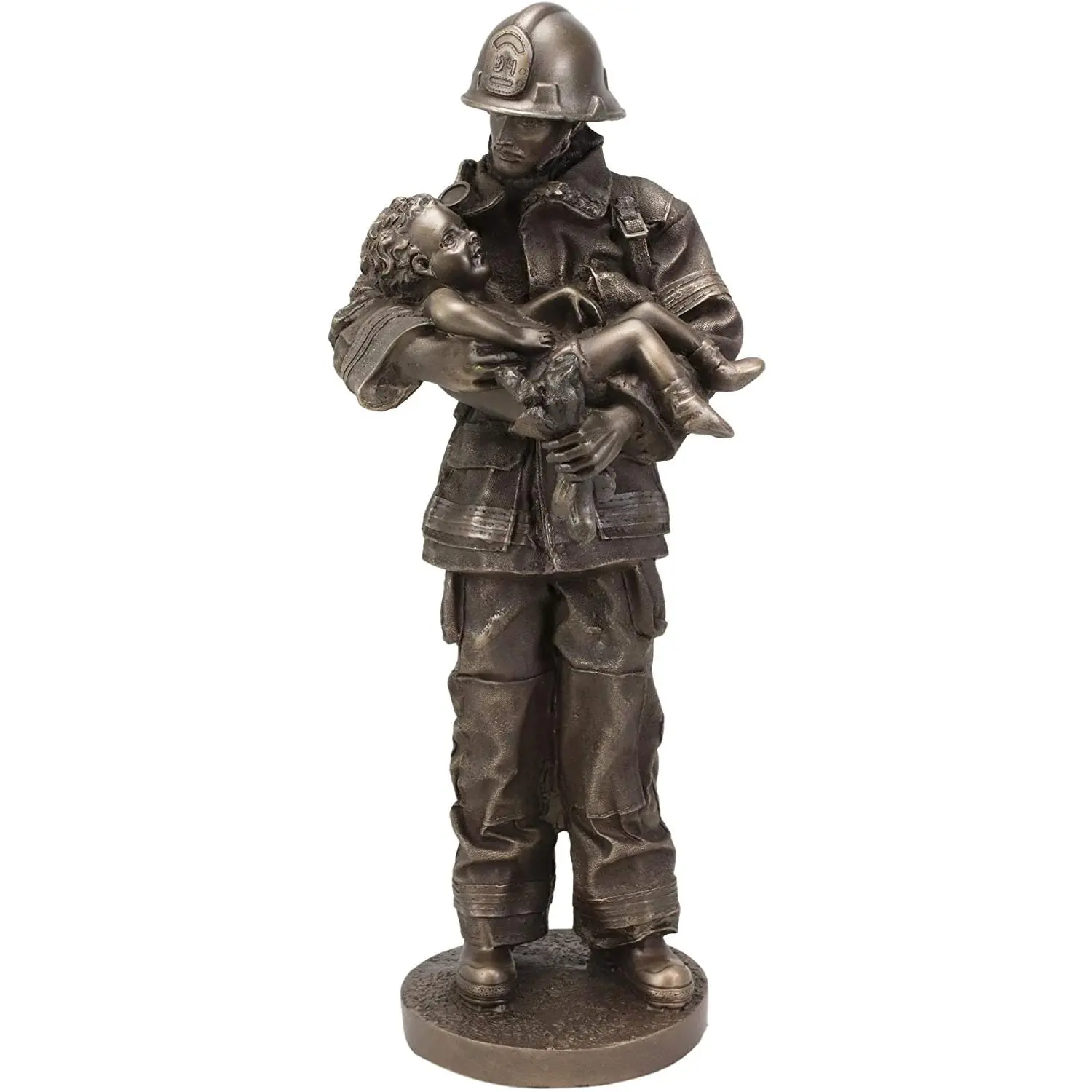 Ebros Gift Fireman Fire Fighter Holding Child Decorative Figurine 12" Tall Resin