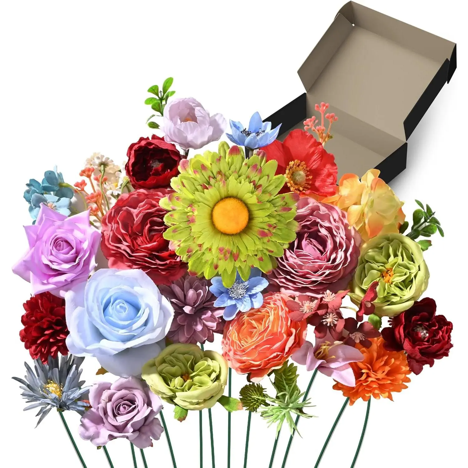 Artificial Flowers Combo Box, 38PCS Fake Flowers, Silk Flower Mix with Wire Stem, DIY Wedding Bridal Bouquet for Arrangement, Shower Party Home Décor, Multi Color