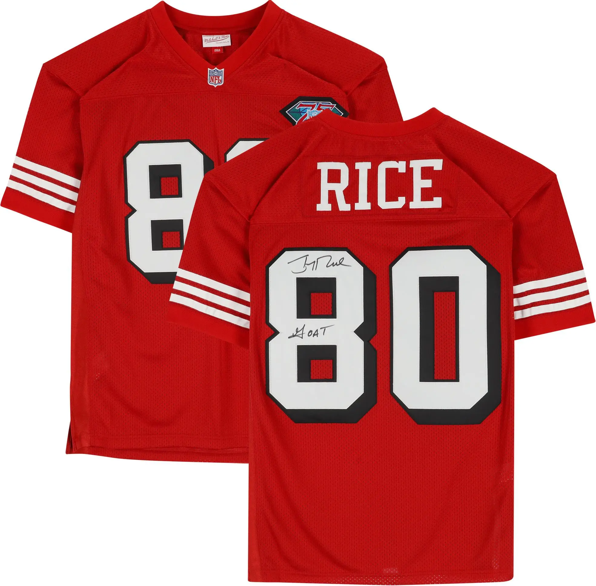 Jerry Rice San Francisco 49ers Autographed Red Mitchell & Ness Authentic Jersey with "GOAT" Inscription - Fanatics Authentic Certified