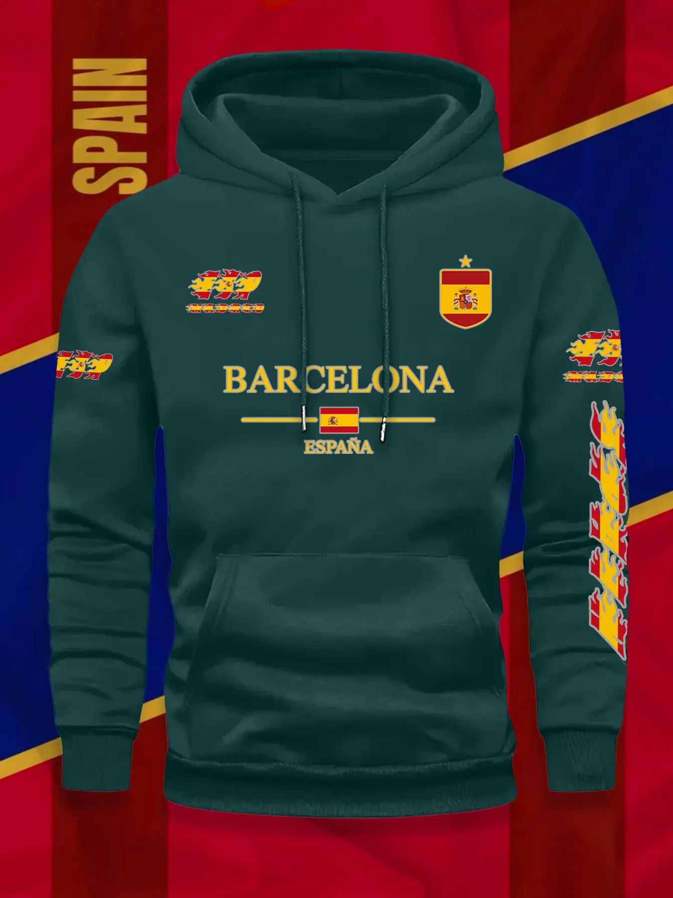 Men's Barcelona Geometric Logo & Spanish Flag Fitted Graphic Print Hoodie, Sweatshirts, Catalonian Badge Fanwear, Football Jersey Sporty Style, Winter Warmth