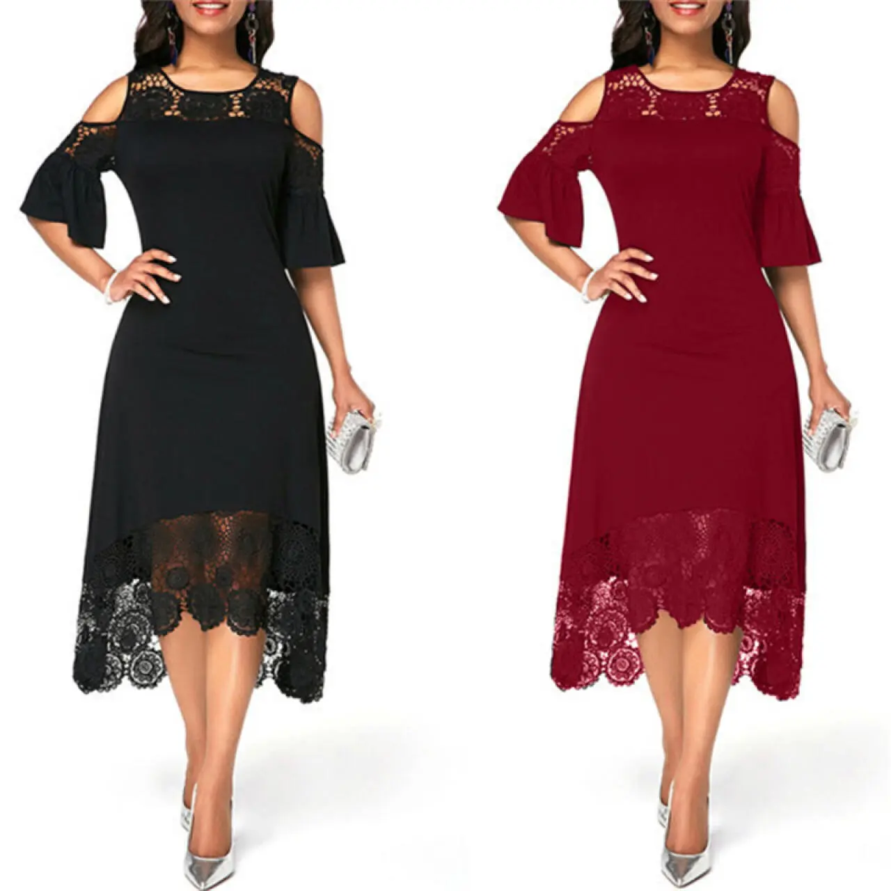 Women's Mid-Length Dress in Hollowed-Out Lace, Short-Sleeve Round Neck Pullover, Ready to Wear Gown for Bridesmaids