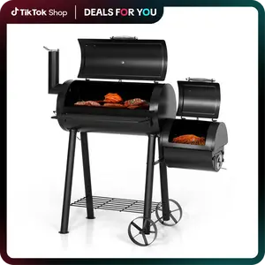 Heavy Duty Outdoor Smoker, BBQ Charcoal Grill with Offset Smoker, 512 Sq.In. Cooking Area, 49.9x24.9x48.1 Inches, Smokeless Design Portable Modern