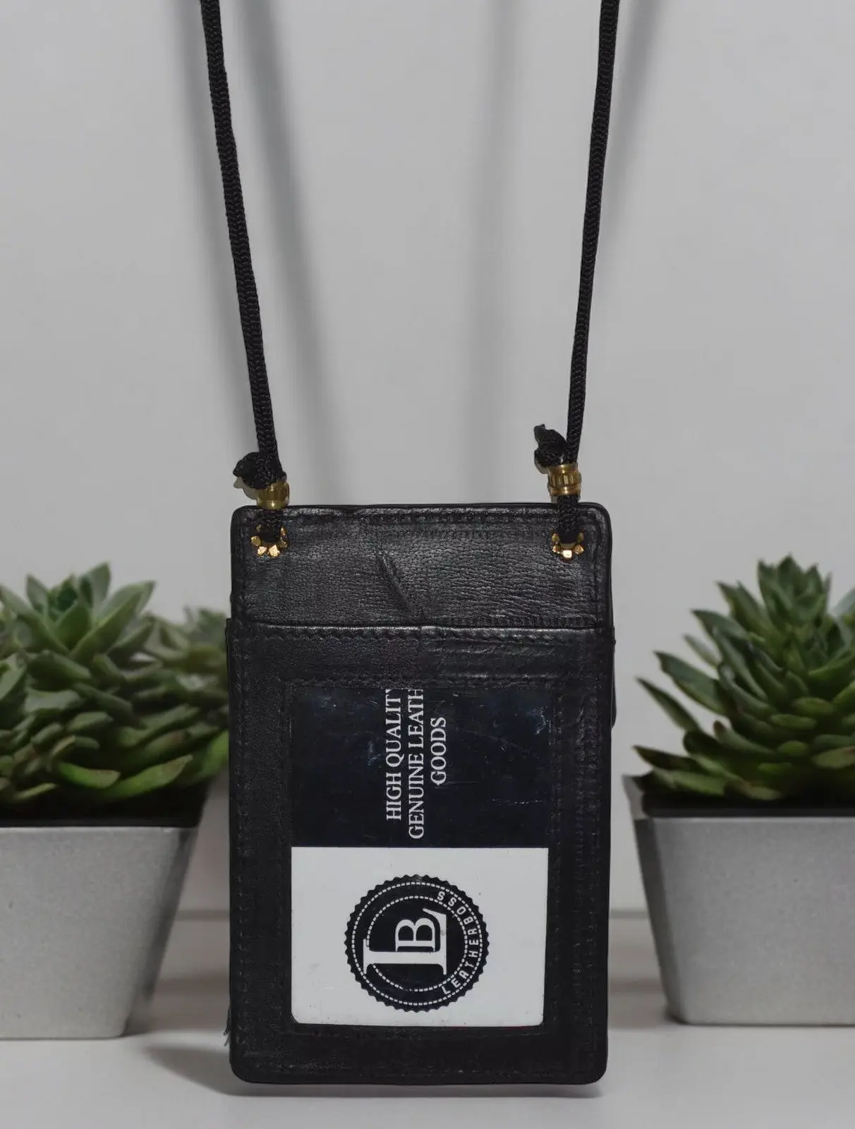 Genuine Cow Leather ID Badge Holder Lanyard Wallet-Pouch with Black Neck Strap, Office Identification Supplies for Badge Display, Lanyard For Id Badge