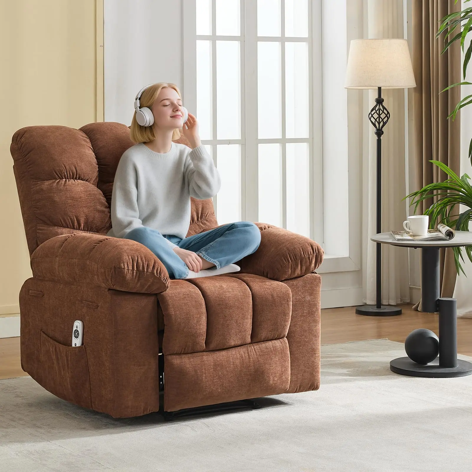 Dark Brown Ergonomic Oversized Rocker Recliner Chair - Sturdy Iron Metal Frame, 350 lb+ Load-Tested, Soft High-Resilience Breathable Fabric, Massage & Heat, Side Pockets, Remote Control, Assembly Required, Easy Setup, Living Room Furniture
