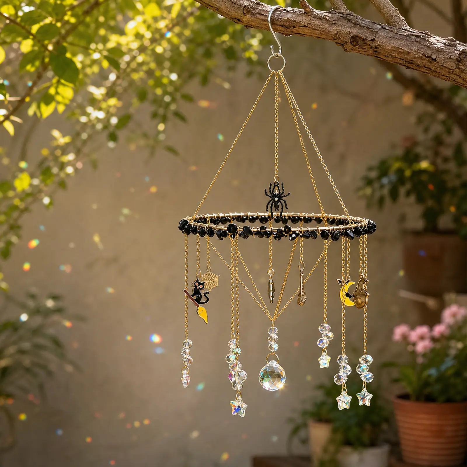Crystal Sun Catcher, Halloween Suncatcher Hanging Wind Chime, 15cm wide Handmade Rainbow Maker Indoor Outdoor Decor for Window Bedroom Courtyard Garden, Bless Gift