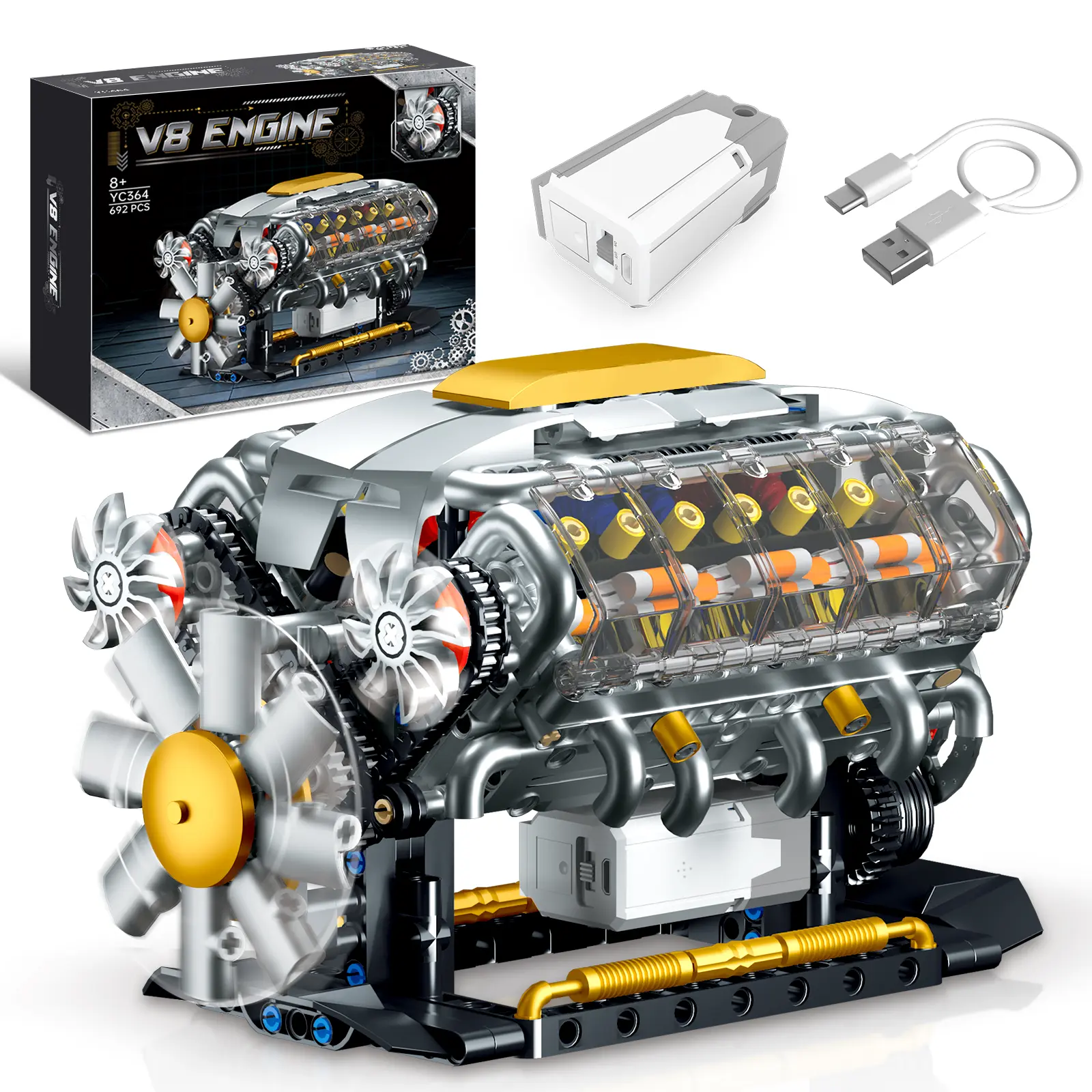 692 PCS GOQI V8 Engine Model BPA-Free Building Blocks Electronic Build Set, 1:1 Scale Miniature with Electric Motor, STEM Construction Kit, DIY Working Mechanic Bricks & Parts, Educational Gift for Car Enthusiasts