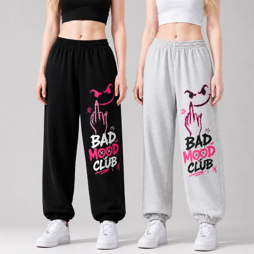 Bad Mood Club Graphic Sweatpants, Pink Skeleton Middle Finger Joggers, Funny Anti Social Streetwear Pants, Black Gray Baggy Lounge Sweatpants, Y2K Grunge Emo Casual Jogger Pants, Unisex Gift for Women Men