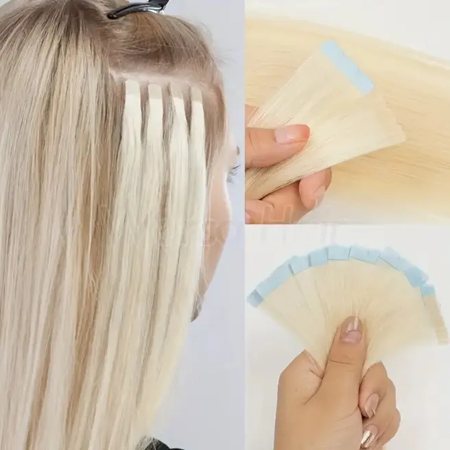 10pcs Mini Tape in Hair Extensions Invisible PU Seamless Human Hair Light Beige 12 - 16 Inch Secure Adhesive Weft Natural Look For Women Hair Loss Coverage Versatile Styling, Sandy Beige Blonde Hair Piece, Seamless Narrow Weft