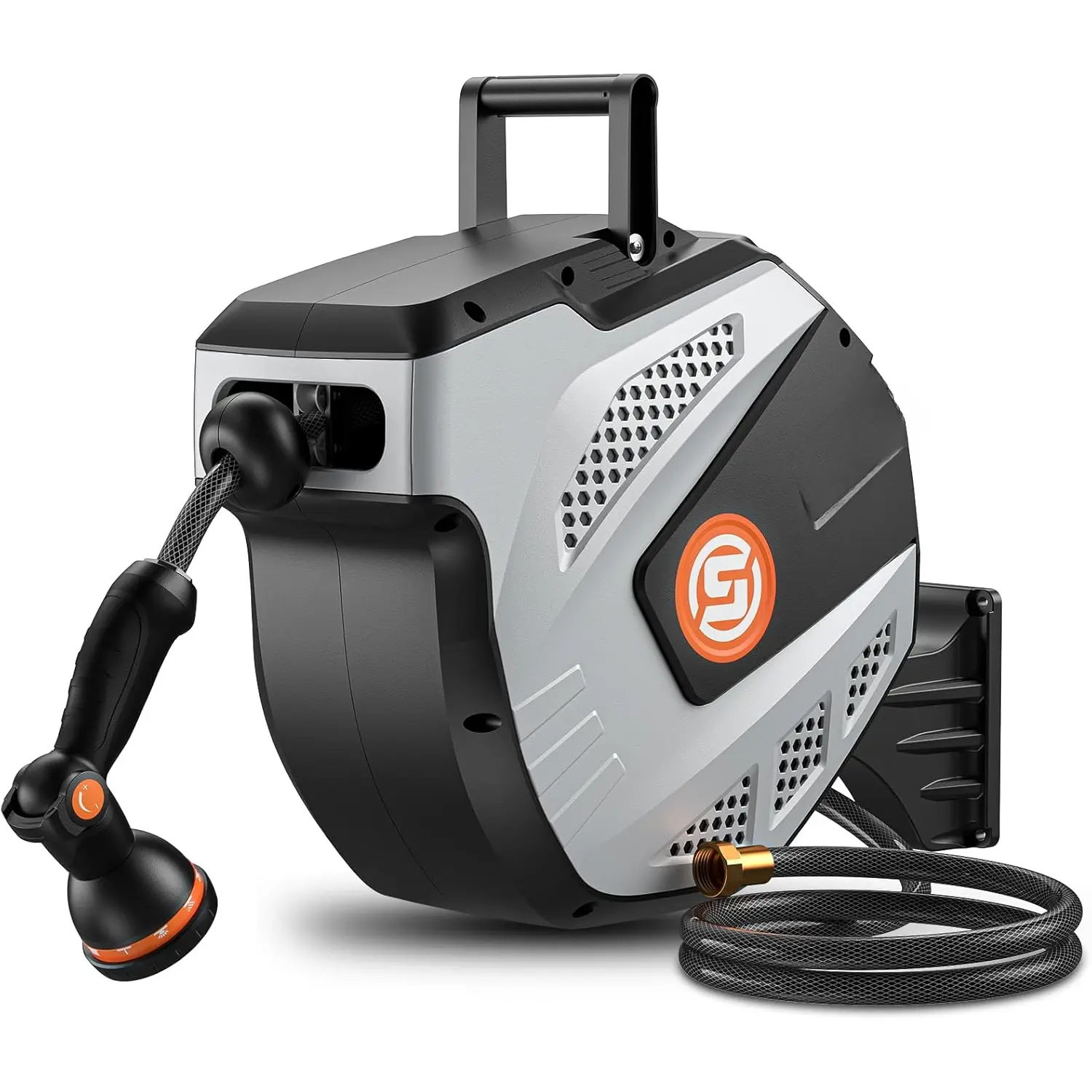 Retractable Garden Hose Reel - 1/2 inch x 50ft Wall Mounted Hose Reel with 3/4 inch Brass Fitting & 10 Function Sprayer Nozzle - Any Length Lock, Auto Rewind System, 180?Swivel Bracket - Grey