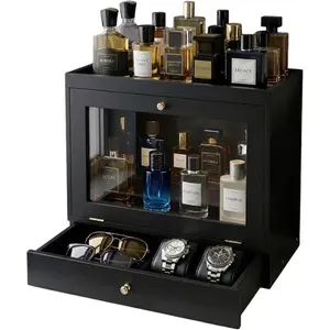 Cologne Organizer for Men, Large Capacity Wood Perfume Organizer with Dustproof Acrylic Door and Drawer, Display Cologne Stand for Dresser, Gift for Men