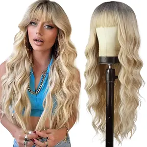 SummerVibes AISI HAIR Ombre Blonde Wig with Bangs for Women Long Wavy Hair Wig Curly Wavy Synthetic Wigs for Girls Daily Party Use Ombre Long