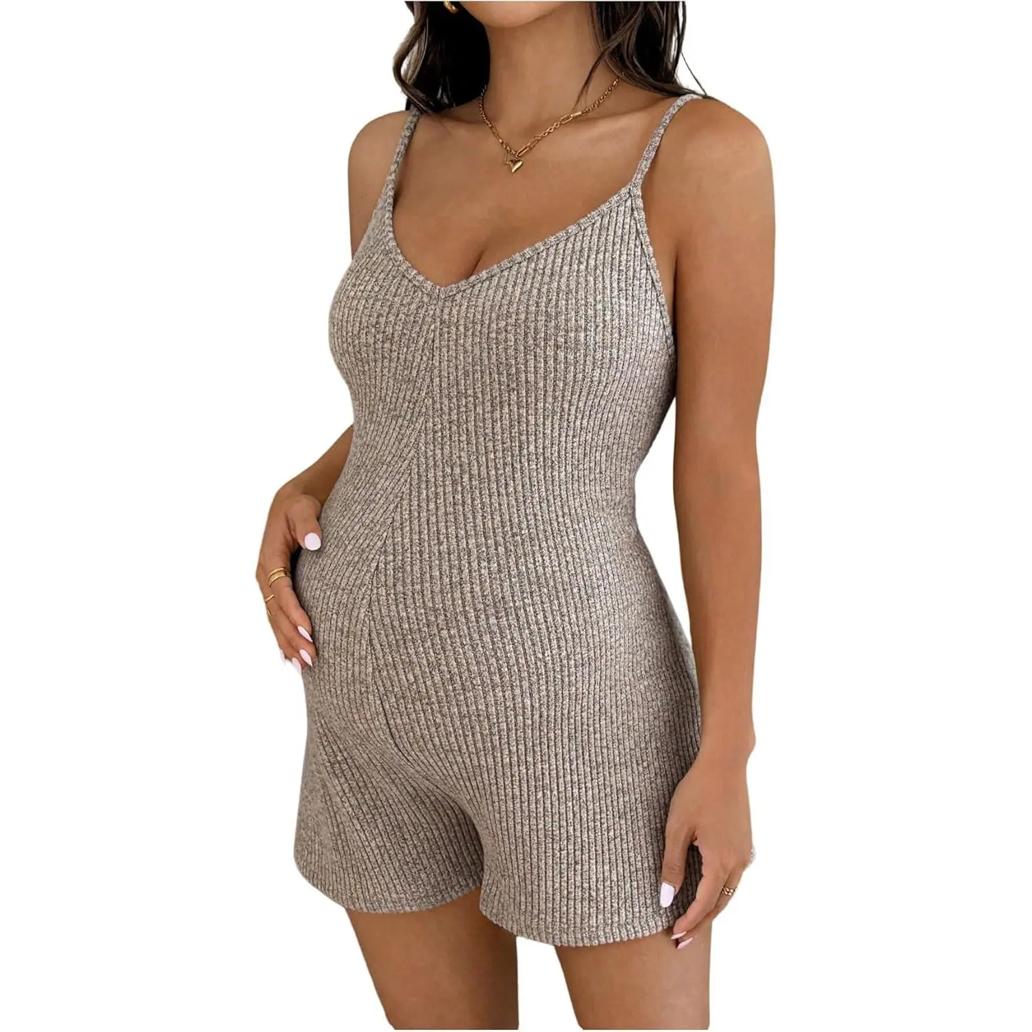 MakeMeChic Women's Maternity Summer Cami Romper V Neck Rib Knit Pregnancy Short Overalls Jumpsuit Vacation Outfits