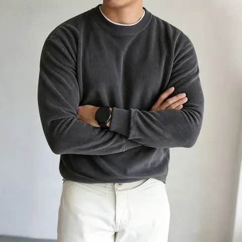 SPEEALER Men’s Corduroy Crewneck Pullover Sports Shirt - Spring/Autumn, Solid Color, Long Sleeve, Comfortable Fabric, Casual Versatile Top