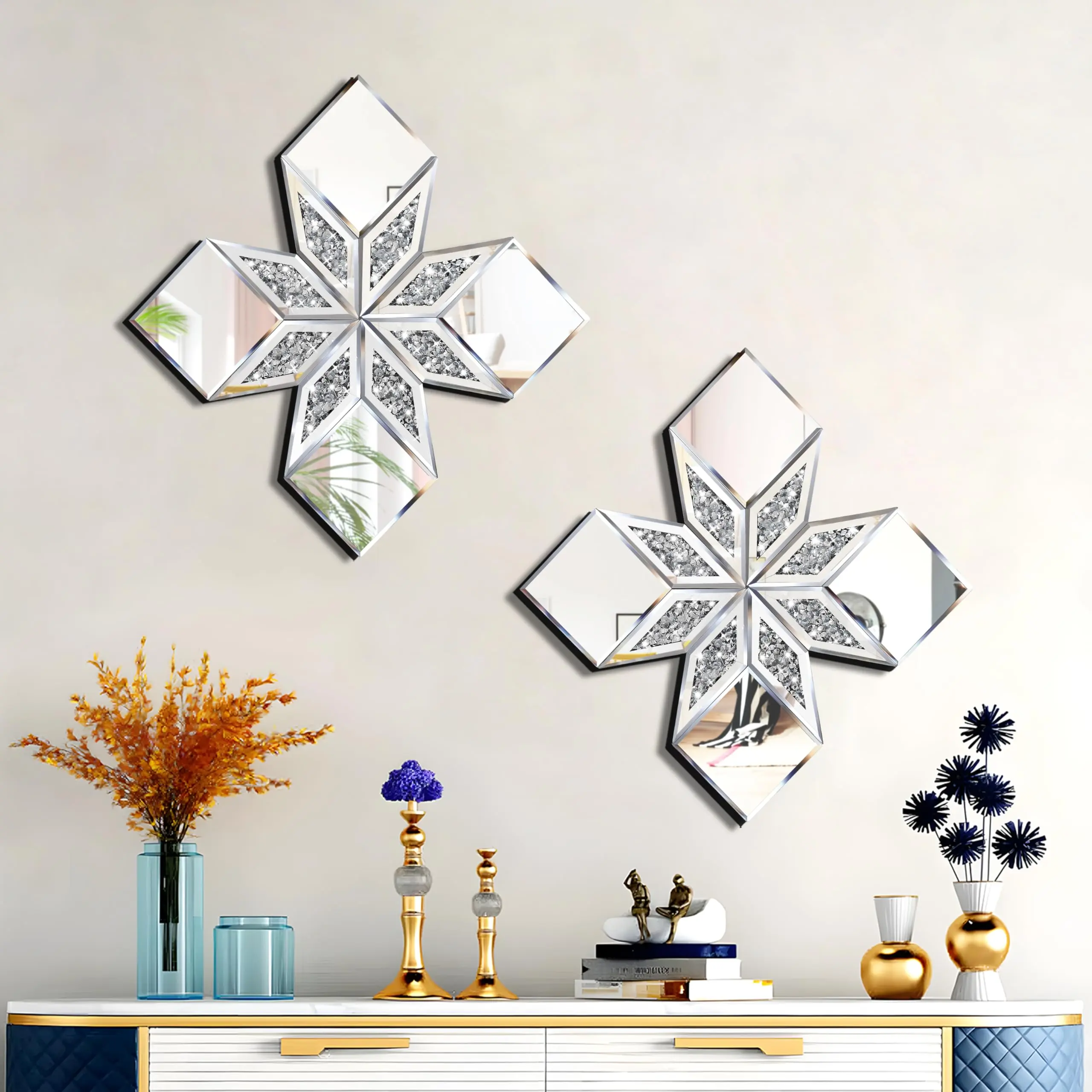 Sparkling Crushed Diamonds Wall Mirror Set, 2-Pack Versatile Silver Diamond-Shape 16.75x16.75in Wall Mount Decoration for Living Room, Bedroom, Home Decor, Glam