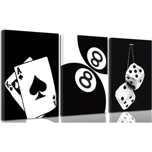 3Pcs Black and White Poker Dice Canvas Wall Art Lucky You Poster Prints Trendy Funky Preppy Y2K 8 Ball Pictures Artwork Aesthetic Painting for Game Room Apartment Dorm Decor 12x16in canvas
