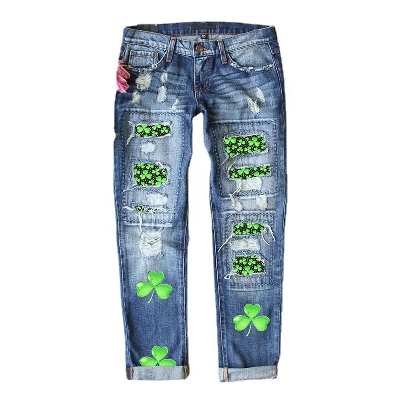 St. Parritt Festival 2026 New Clover Printed Mid-rise Straight Lady's Streetwear Jeans, Blue Everyday Trouser Piece for Women, Bottoms, Fitted, Minimalist, Basic, Button