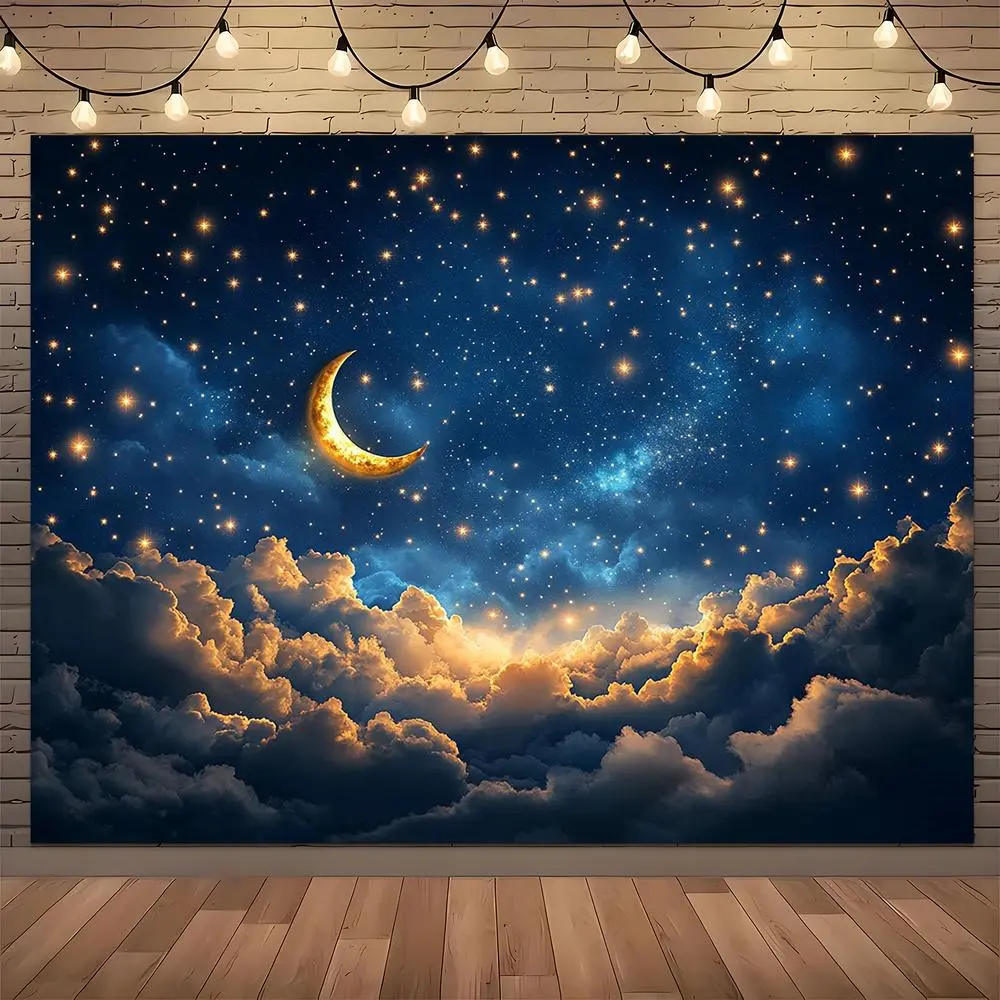 1pc Crescent Moon Dreamy Sky Backdrop Banner, Soft Texture Multi-Size Polyester Fabric with Clouds and Sparkling Stars, Photo Backdrop for Romantic Bedroom Decor, Weddings