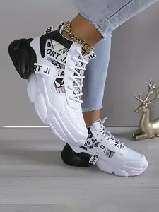 Women's Fashionable Letter Print Lace Up Low Top Sneakers, Casual Comfortable Athletic Lightweight Breathable Sports Shoes for Daily Wear, Female All-match Round Toe Shoes for Daily Wear, Trainer