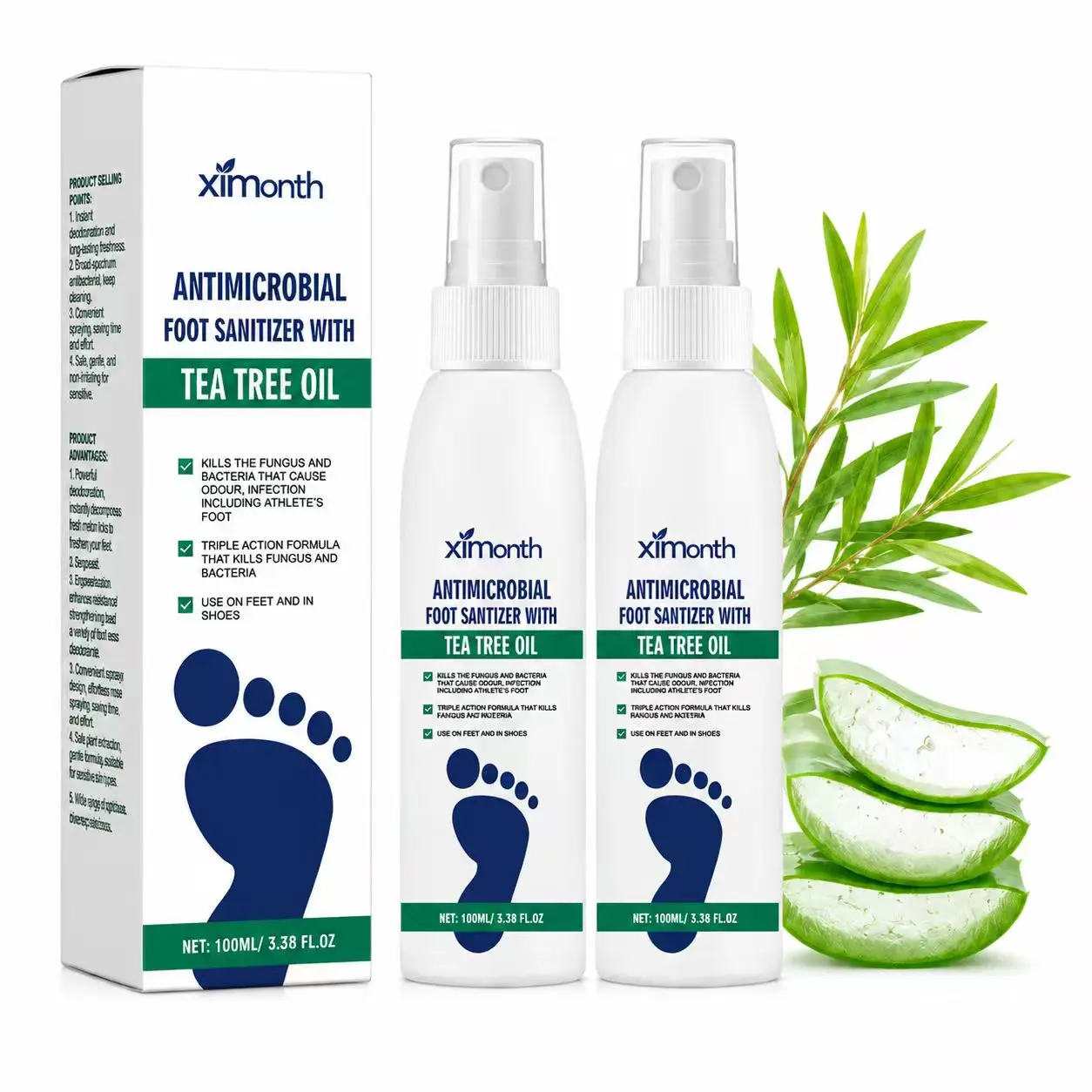 【2 Bottles】Tea Tree Oil Foot Spray, 3.38 oz Foot Care Sanitizer for Odor Control, Dry Feet Moisturizing & Hydration, Deodorizing Spray with Nail Fungus Care long-lasting antibacterial footsantizerspray