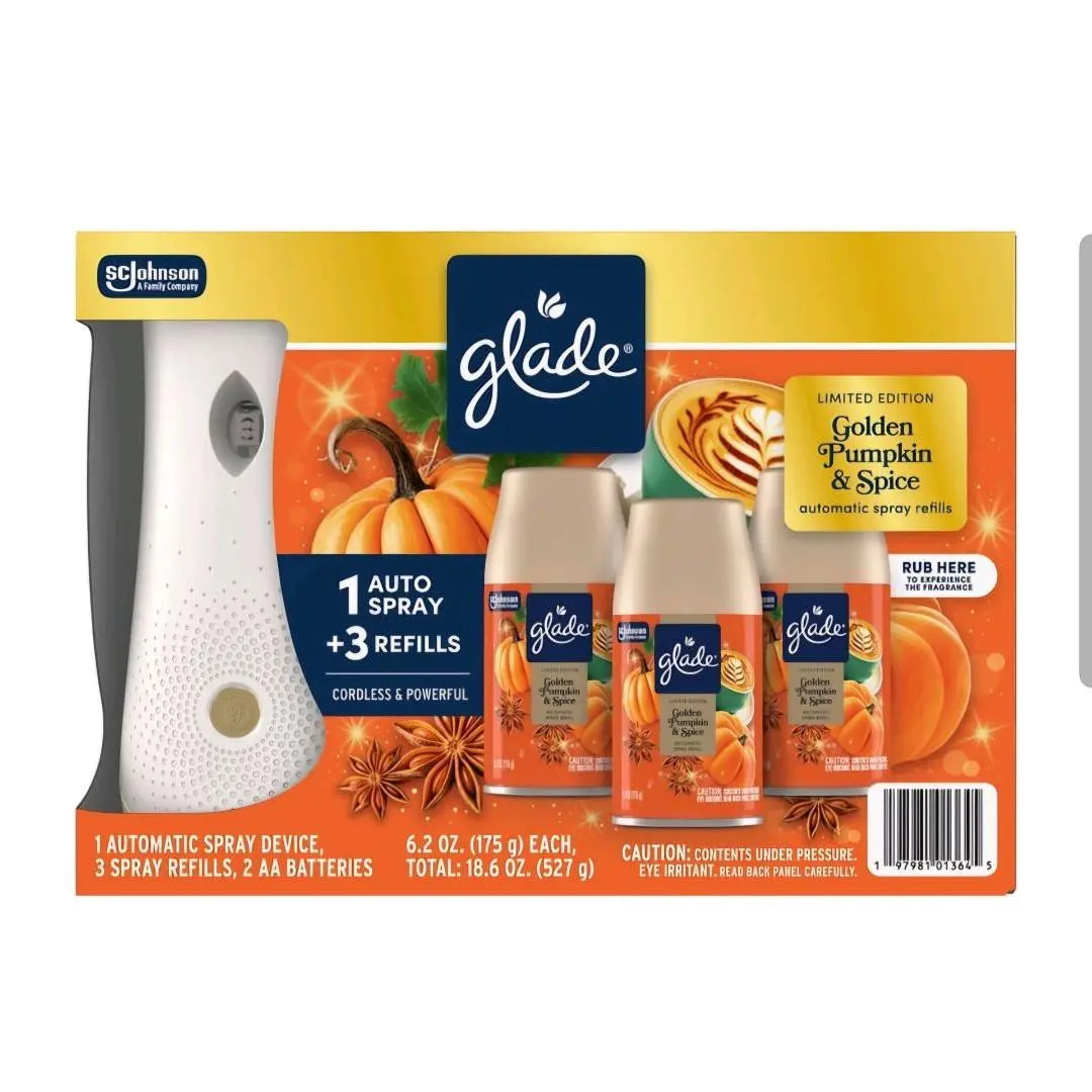Glade Limited Edition Golden Pumpkin & Spice Cordless Auto Spray Device with 3 6.2 fl oz Refills, Powerful Home Fragrance Air Freshener with Aroma Scent